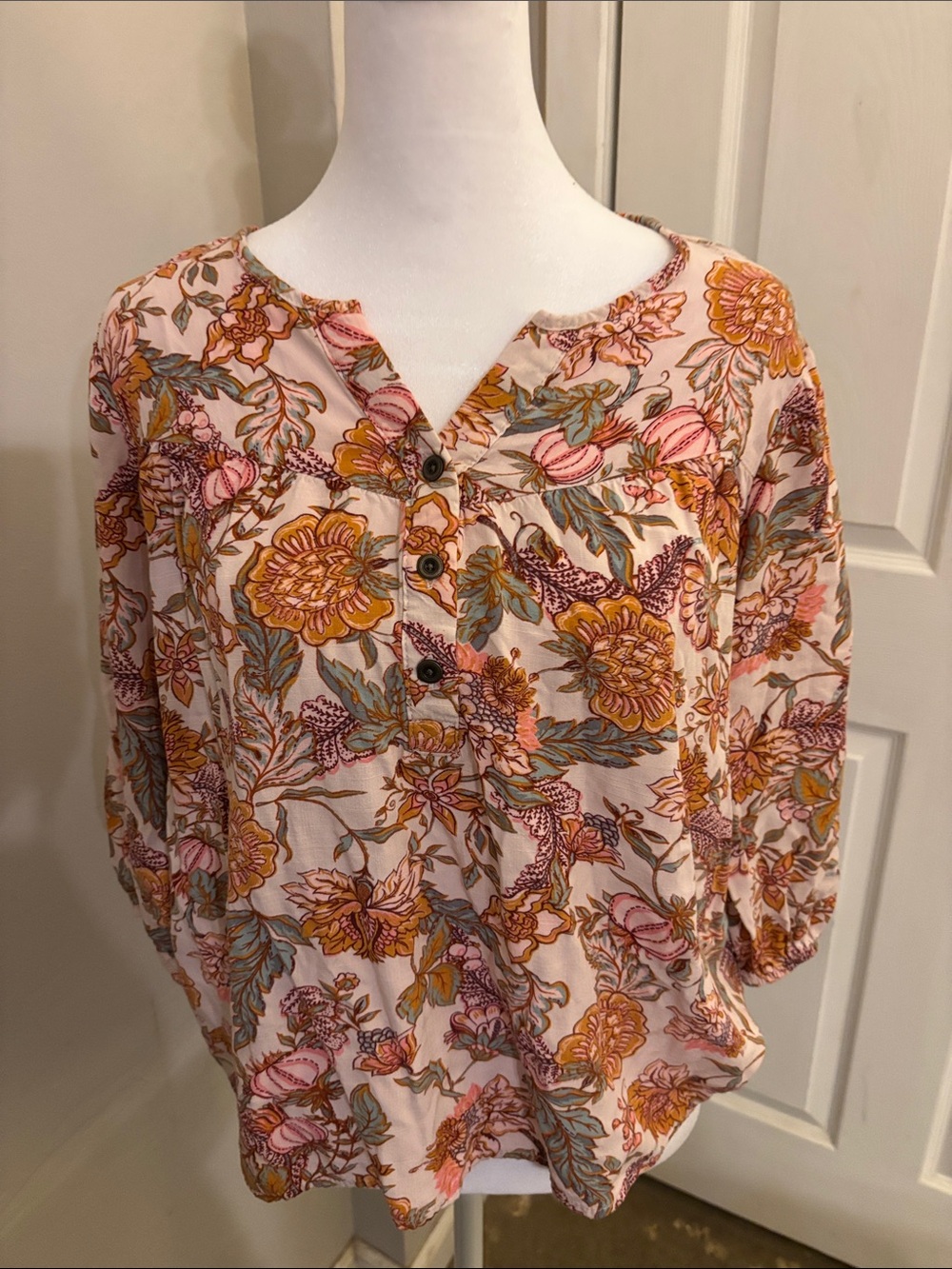 Knox Rose Pink Floral Button Henley Tunic with Mustard Accents